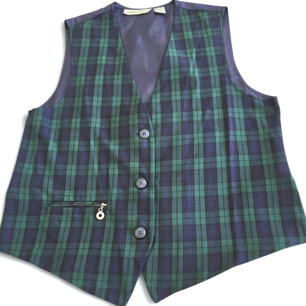 Vintage 90s Fundamental Things Plaid Vest Women's Size 14 Green Navy Academia